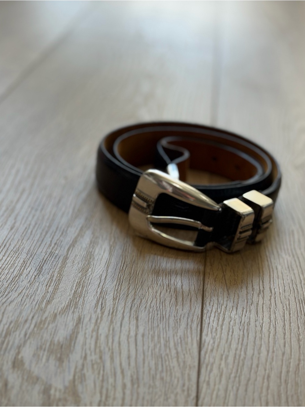 Johnston & Murphy Black Leather Belt with Silver Buckle